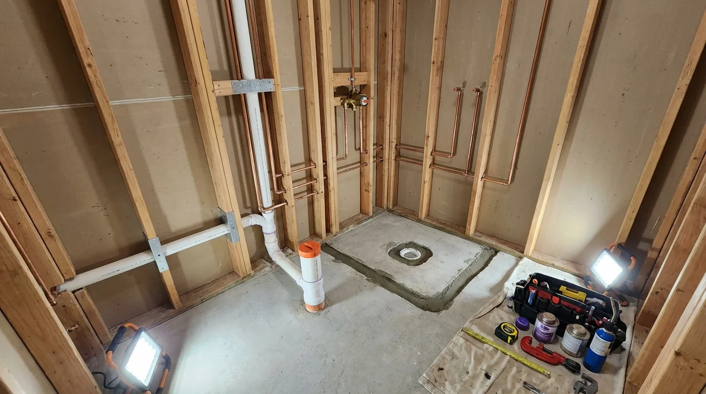 Bathroom rough-in plumbing during remodel by Johns Plumbing LLC in Winthrop