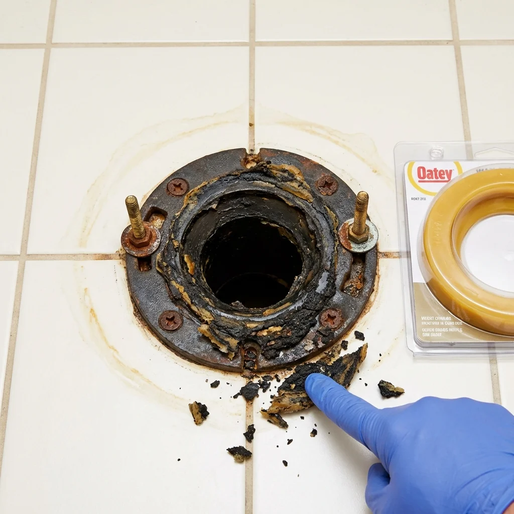 Failed wax ring showing water seepage at the base of a toilet in a Winthrop, ME home