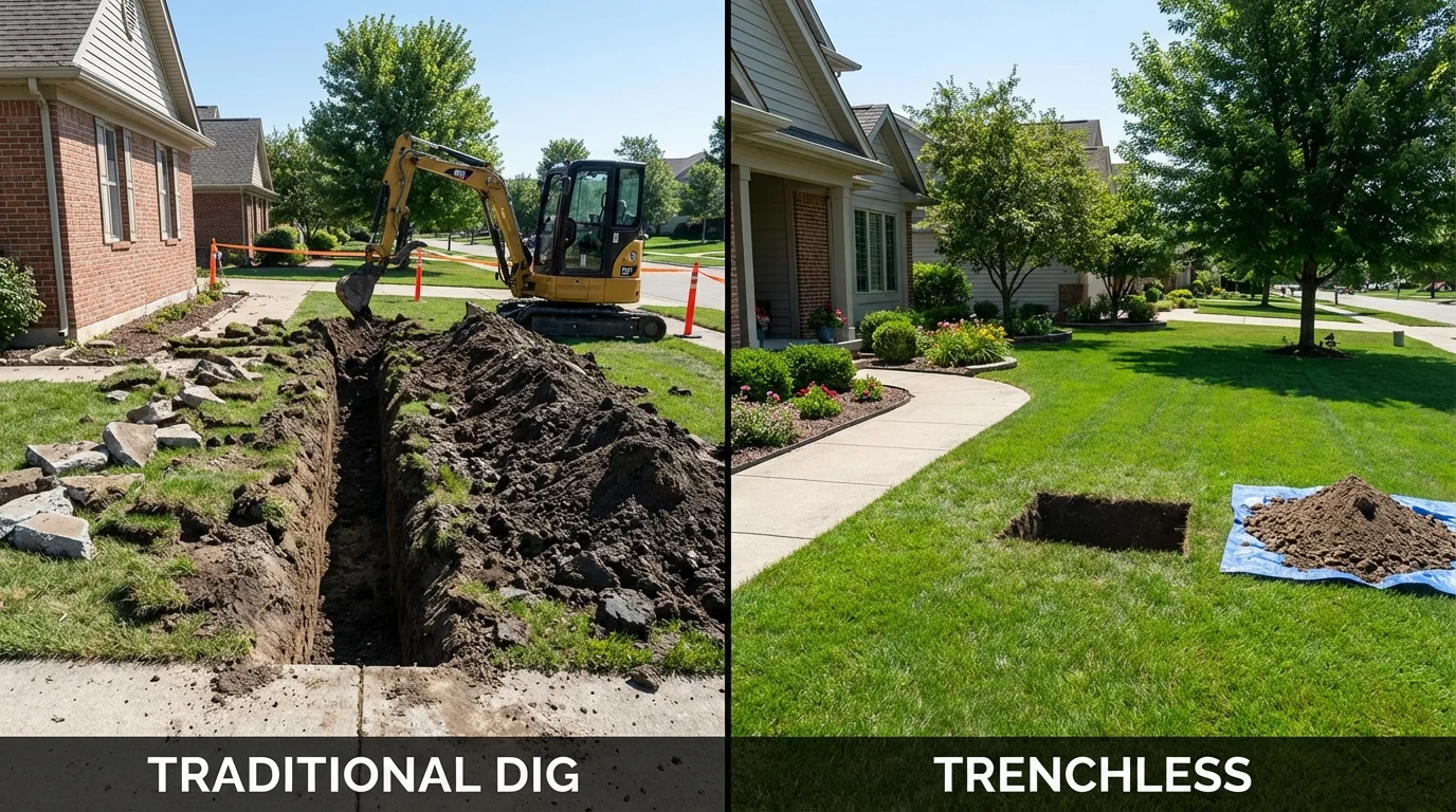 Trenchless sewer repair with minimal yard damage versus traditional excavation in Winthrop, ME
