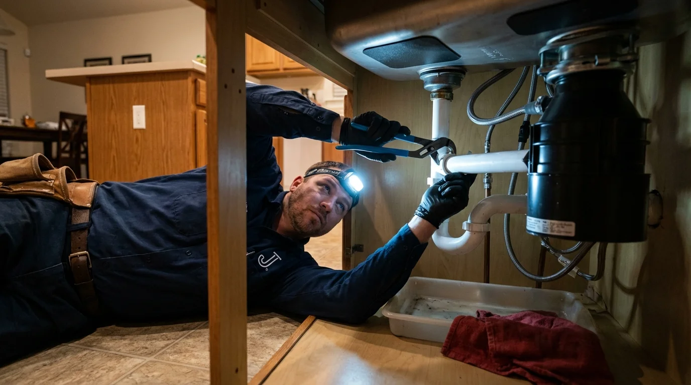 P-trap and supply line connections under a kitchen sink showing a common leak point in Winthrop, ME